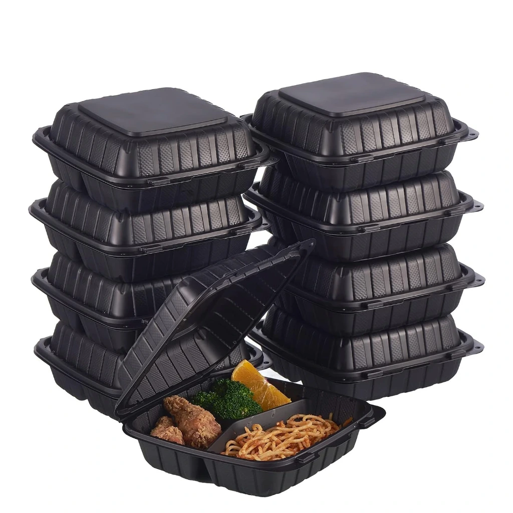 Plastic Clamshell Takeout Food Trays Heavy Duty Togo Disposable Box For Pasta Salad Sandwich Carryout Meal Prep Packaging...8X8" 3-Compartment 50-Pack