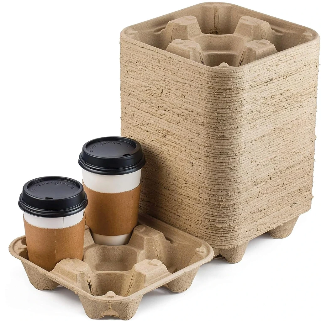 4 Cup Disposable Drink Carrier Trays, 100 Pack Compostable Pulp Fiber Cup Holder for 8-32 oz Cup, Durable to Go Coffee Cup Holders for Delivery Service, Uber Eats