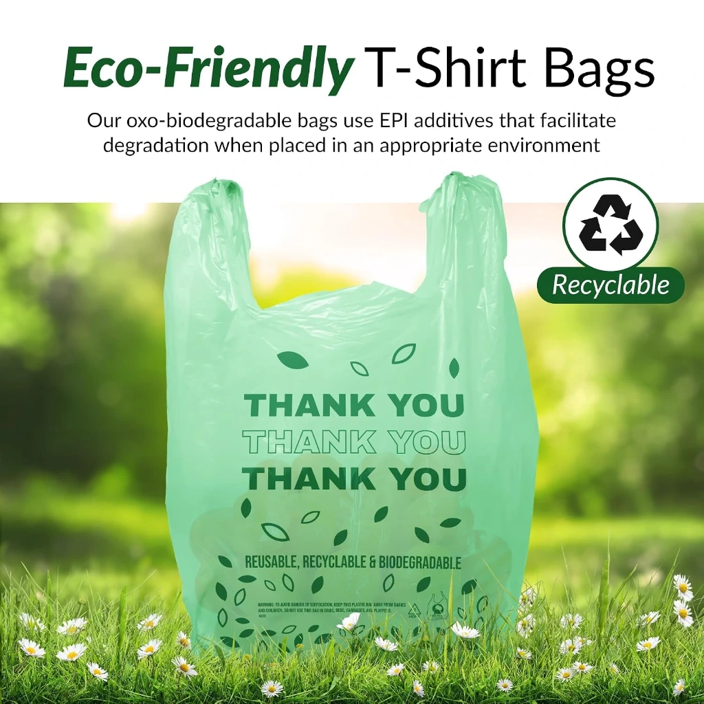 Biodegradable Thank You Bags | 500 Count (11.5" x 6.5" x 21") Green Plastic Bags with Handles | Ideal for Grocery, Shopping, Food Take Out, Small Business | Oxo-Biodegradable Plastic