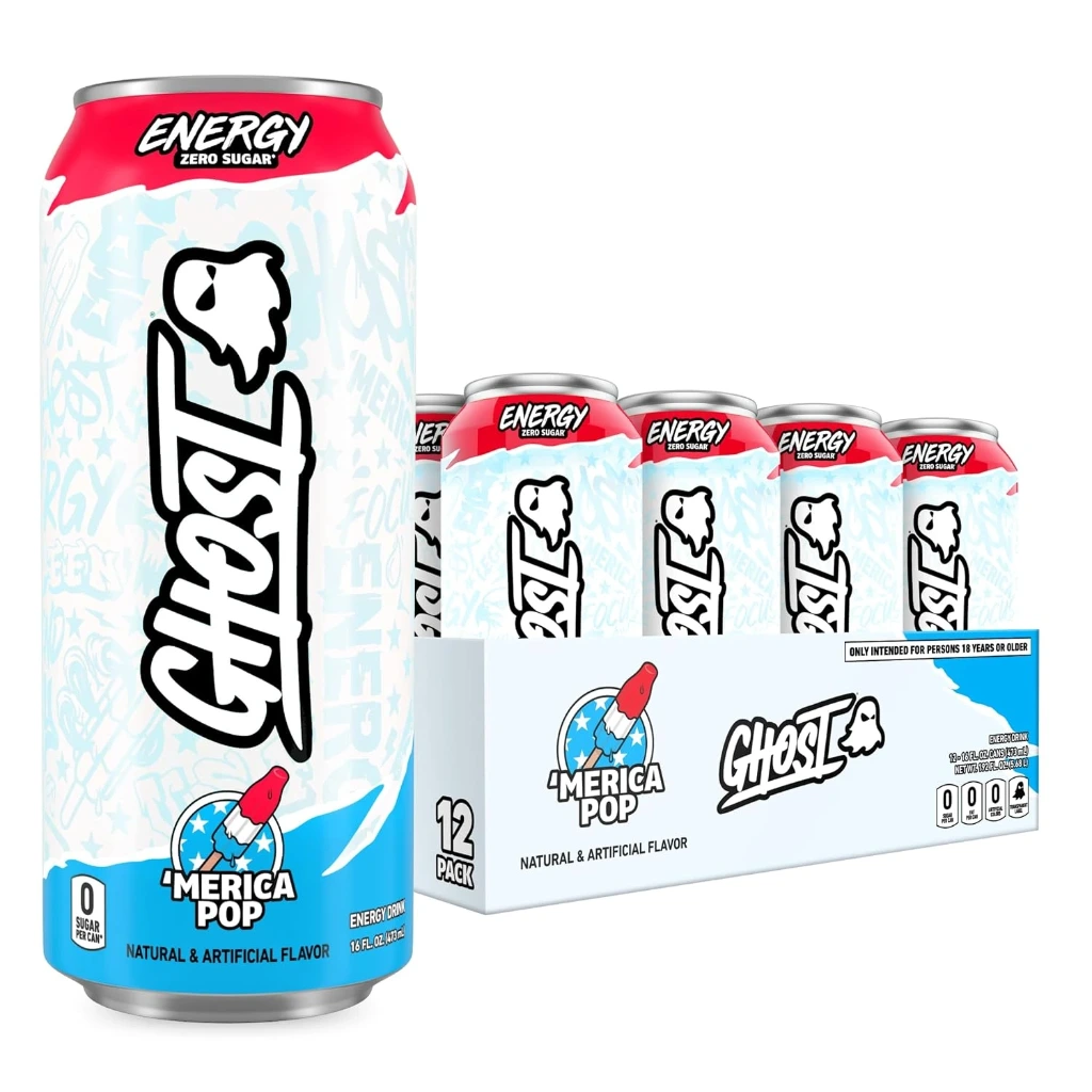 GHOST Energy Drink, Zero Sugars, 12-Pack, 'Merica Pop, 16oz Energy & Focus Pre Workout Drink, No Artificial Colors, Gluten-Free, Vegan - 200MG Natural Caffeine, L-Carnitine, Taurine
